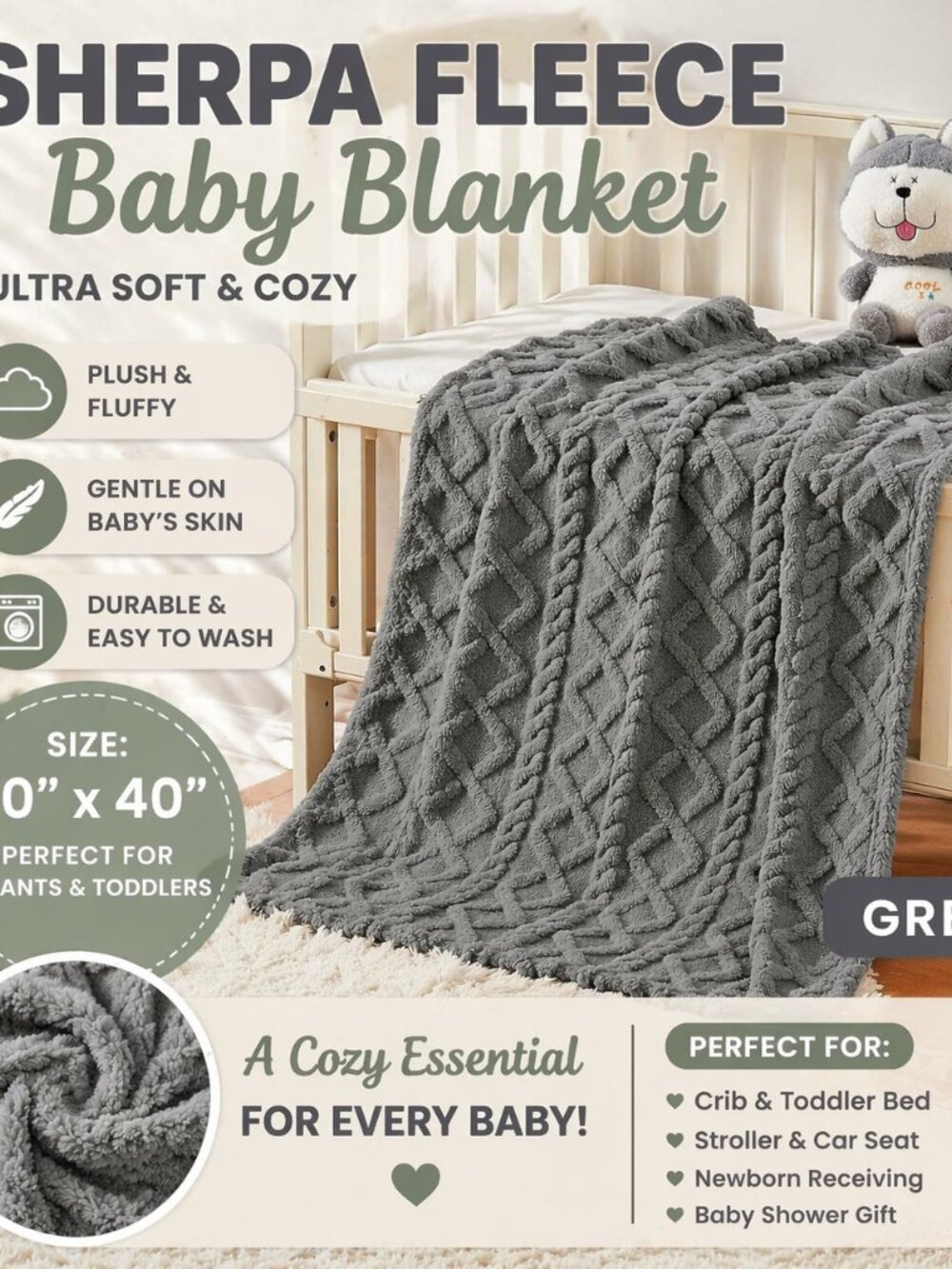 Sherpa Fleece Baby Blanket 30x40 Grey – Ultra Soft Plush Infant Toddler Blanket - Picture 2 of 5